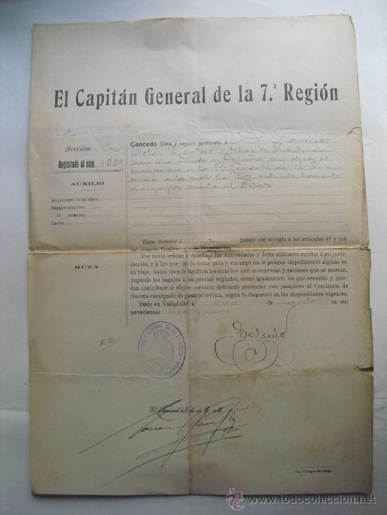 Militaria: 1919 CONCESION DE LIBRE Y SEGURO PASAPORTE