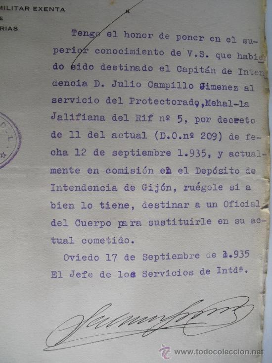 Militaria: 1935  DESTINO DE CAPITAN A LA MEHAL-LA JALIFIANA DEL RIF N&ordm; 5