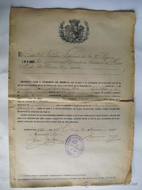 Militaria: 1929  CONCESION A UN ARTILLERO DEL RGTO. DE MONTA&Ntilde;A N&ordm; 3 DEL PASE A LA SITUACI&Oacute;N DE RESERVA