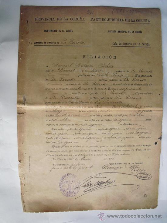 Militaria: 1921 CURIOSA FILIACION MILITAR DE QUIEN SE IGNORAN SUS SE&Ntilde;AS Y NO FIRMA POR NO ESTAR PRESENTE