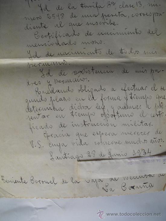 Militaria: 1934 INSTANCIA SOLICITANDO REDUCCION DE SERVICIO EN FILAS E INGRESOS DE CUOTAS MILITARES
