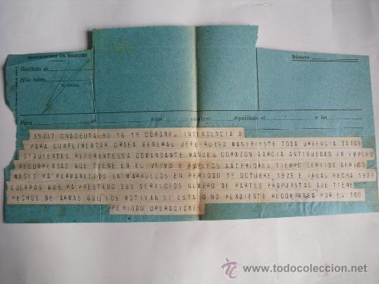 Military Antiques: 1926 GUERRA DE MARRUECOS TELEGRAMA SOLICITANDO DE LA COMANDANCIA DE CEUTA DATOS SOBRE COMANDANTE