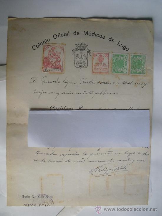 Militaria: 1926 COLEGIO DE MEDICOS DE LUGO  CERTIFICADO MEDICO DE ENFERMEDAD DE UN TENIENTE