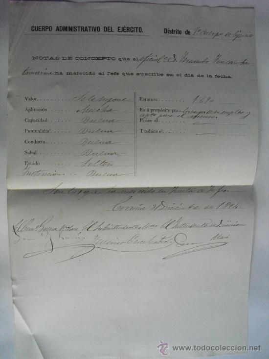 Militaria: 1894 7&ordm; CUERPO DE EJERCITO  NOTAS DE CONCEPTO DE OFICIAL 2&ordm; DEL CUERPO ADMINISTRATIVO