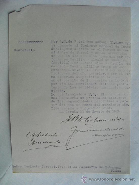 Militaria: 1926 ESCRITO COMUNICANDO CONCESION DE LA PLACA DE LA REAL Y MILITAR ORDEN DE SAN HERMENEGILDO
