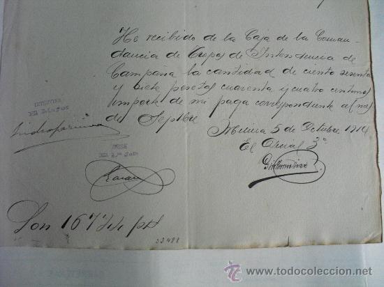 Military Antiques: 1914 GUERRA DE MARRUECOS  MELILLA  RECIBO DE PAGA DE UN OFICIAL