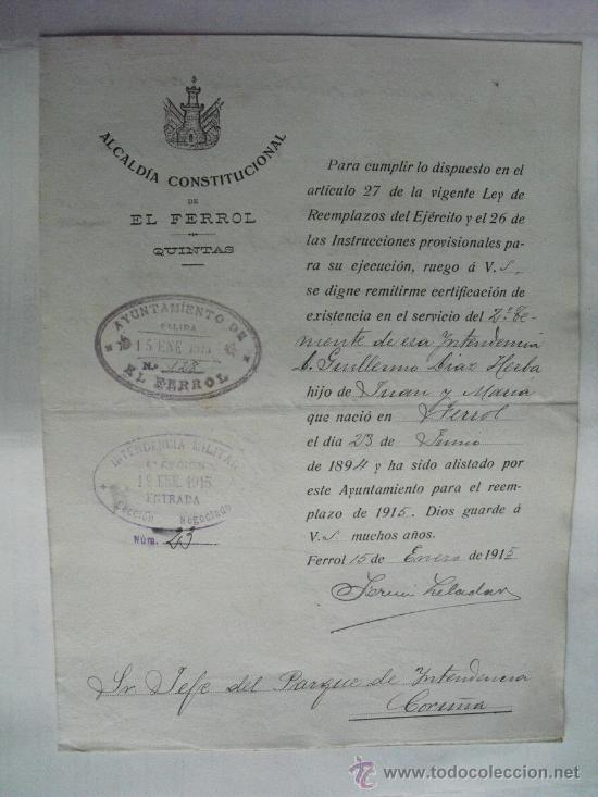 Military Antiques: 1915 ALCALDIA CONSTITUCIONAL DEL FERROL  QUINTAS  ALISTAMIENTO