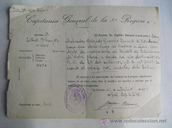 Militaria: 1921 PASE DE CAPITANIA GENERAL PARA TRASLADO DE RESIDENCIA