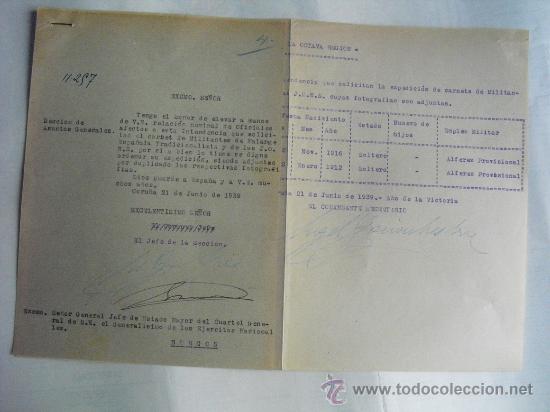 Militaria: 1939 SOLICITUD AL CUARTEL GENERAL DEL GENERALISIMO DE CARNETS DE FALANGE PARA DOS OFICIALES