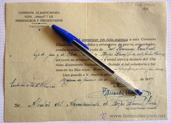 Militaria: Documento tama&ntilde;o cuartilla de la Comisi&oacute;n Clasificadora n&uacute;m. uno de Prisioneros y Presentados.