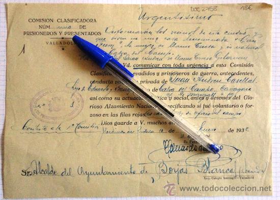 Militaria: Documento tama&ntilde;o cuartilla de la Comisi&oacute;n Clasificadora n&uacute;m. uno de Prisioneros y Presentados.