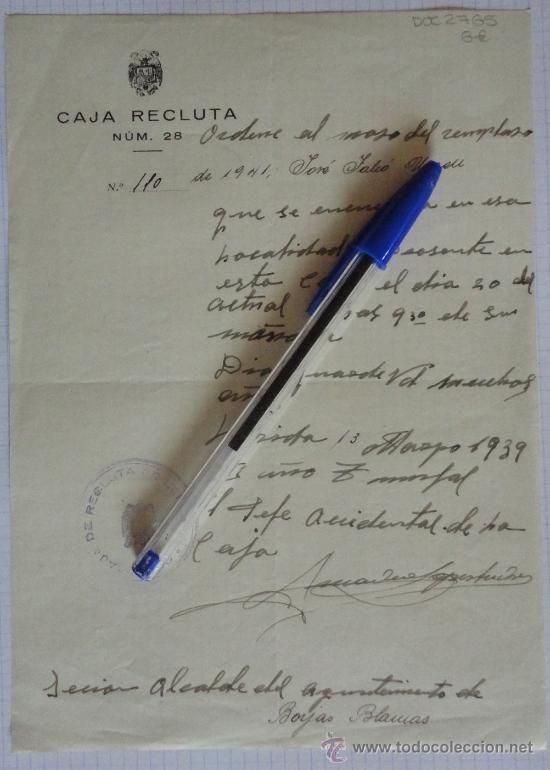 Militaria: Documento tama&ntilde;o cuartilla de la Caja Recluta n&uacute;m.28, a&ntilde;o 1939.