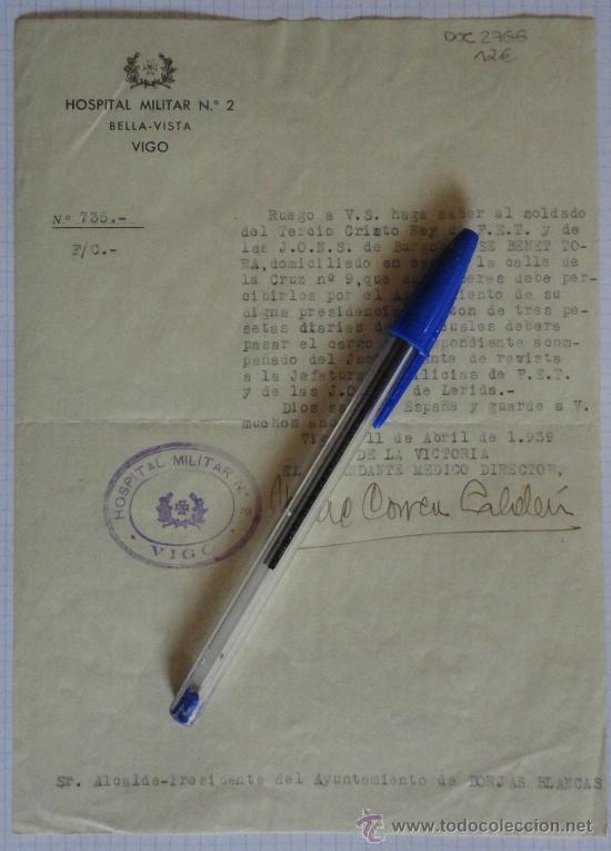 Militaria: Documento tama&ntilde;o cuartilla del Hospital Militar de Bella-Vista, Vigo, a&ntilde;o 1939.