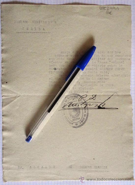 Militaria: Documento tama&ntilde;o cuartilla del Juzgado Militar n&ordm;1, L&eacute;rida, a&ntilde;o 1939.