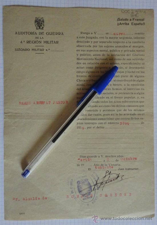 Militaria: Documento tama&ntilde;o cuartilla de la Auditoria de Guerra de la 4&ordf; Regi&oacute;n Militar, a&ntilde;o 1939.