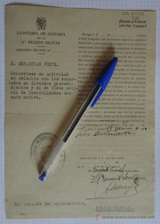 Militaria: Documento tama&ntilde;o cuartilla de la Auditoria de Guerra de la 4&ordf; Regi&oacute;n Militar, a&ntilde;o 1939.