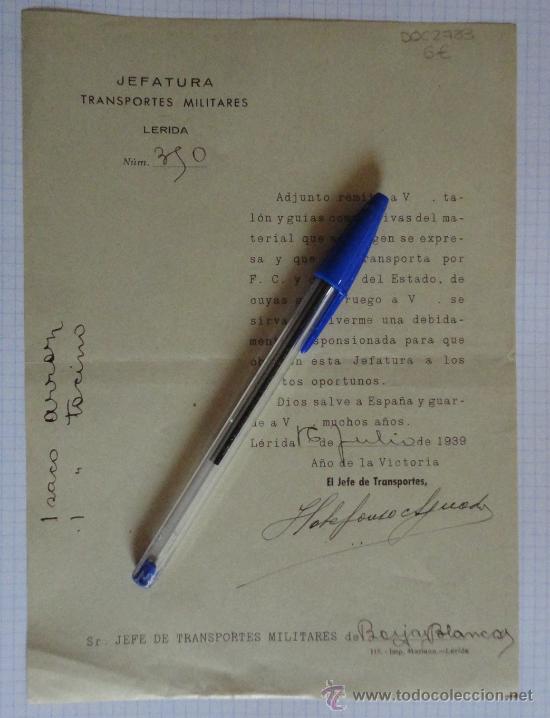 Militaria: Documento tama&ntilde;o cuartilla de la Jefatura de Transportes Militares de L&eacute;rida, a&ntilde;o 1939.