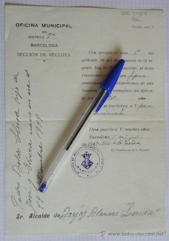 Militaria: Documento tama&ntilde;o cuartilla de la Oficina Municipal del Distrito 70. Barcelona. Secci&oacute;n de recluta.