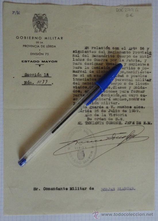 Military Antiques: Documento tama&ntilde;o cuartilla del Gobierno Militar de la Provincia de L&eacute;rida y Divisi&oacute;n 75.