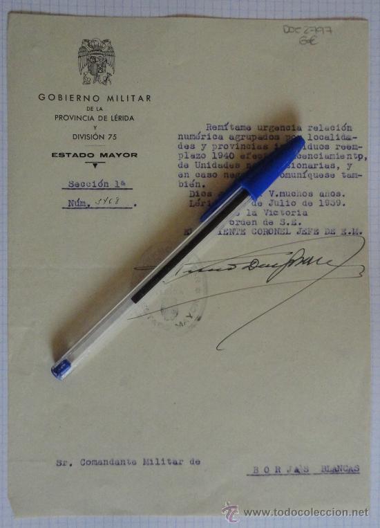 Military Antiques: Documento tama&ntilde;o cuartilla del Gobierno Militar de la Provincia de L&eacute;rida y Divisi&oacute;n 75.