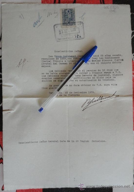 Militaria: Documento de la 4&ordf; Regi&oacute;n Militar. Estado Mayor. A&ntilde;o 1939.