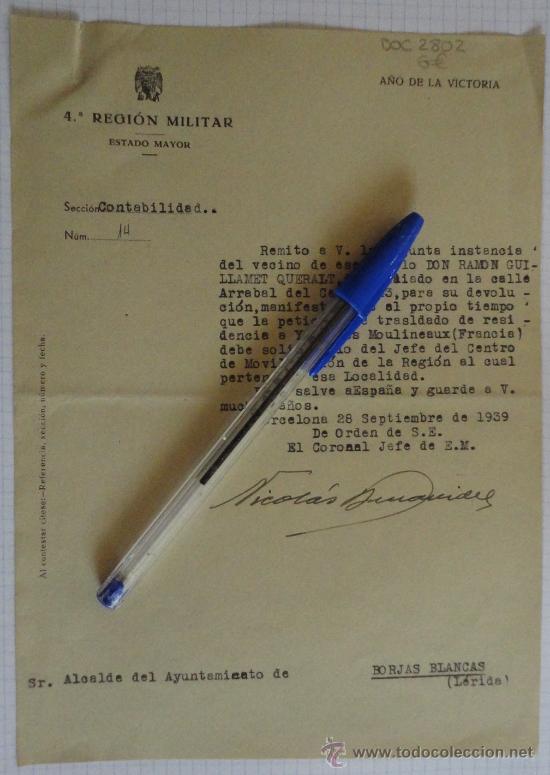 Militaria: Documento tama&ntilde;o cuartilla de la 4&ordf; Regi&oacute;n Militar. Estado Mayor. A&ntilde;o 1939.