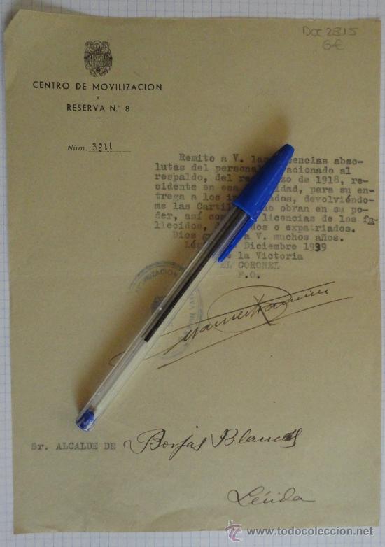 Militaria: Documento tama&ntilde;o cuartilla del Centro de Movilizaci&oacute;n y Reserva n&ordm;8. A&ntilde;o 1939.