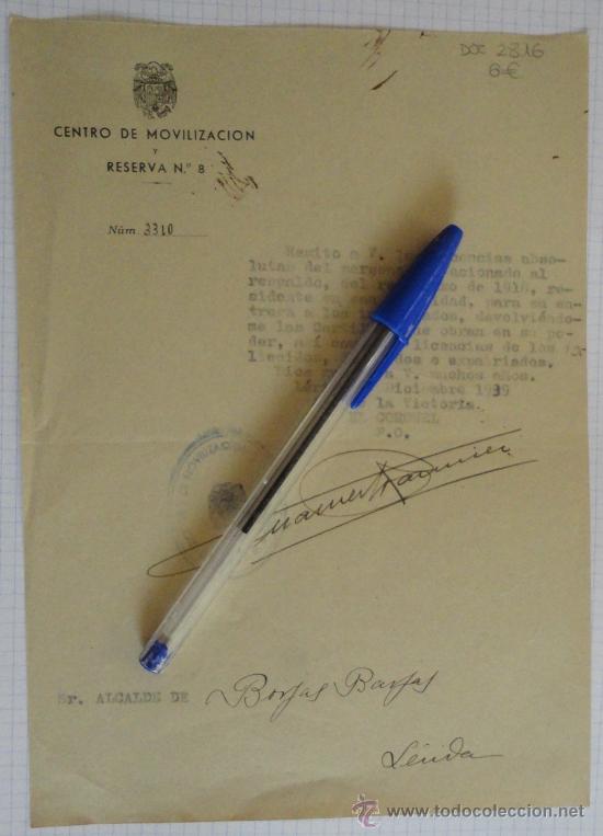 Militaria: Documento tama&ntilde;o cuartilla del Centro de Movilizaci&oacute;n y Reserva n&ordm;8. A&ntilde;o 1939.