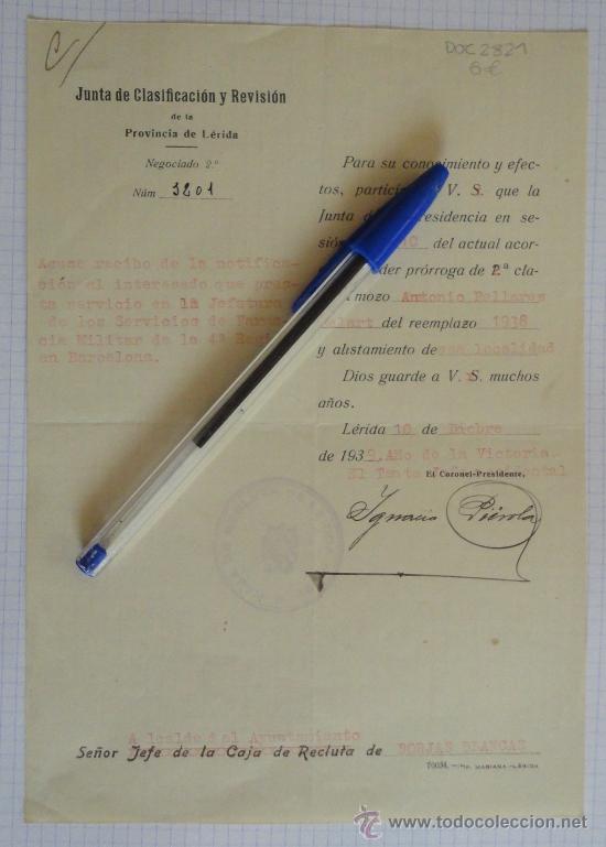 Militaria: Documento tama&ntilde;o cuartilla de la Junta de Clasificaci&oacute;n y Revisi&oacute;n de la Provincia de L&eacute;rida.