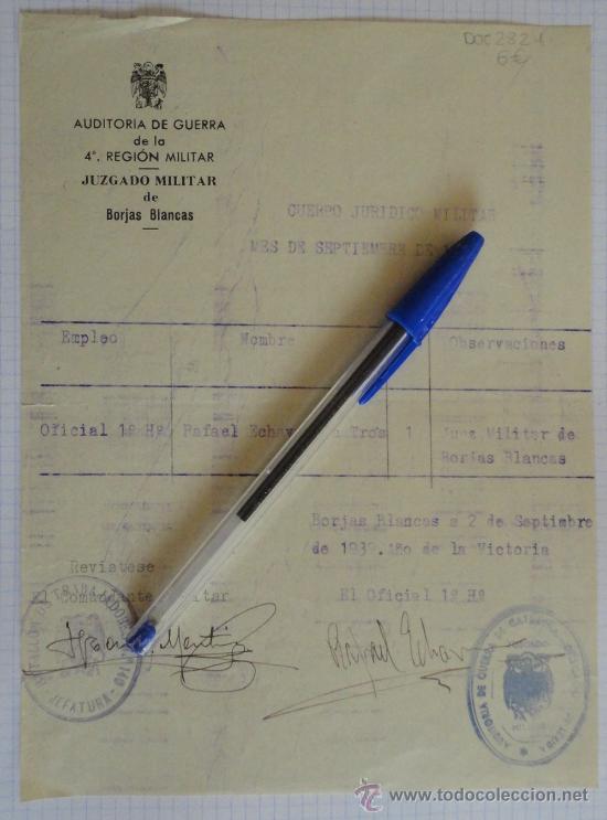 Militaria: Documento tama&ntilde;o cuartilla de la Auditoria de Guerra de la 4&ordf; Regi&oacute;n Militar, a&ntilde;o 1939.