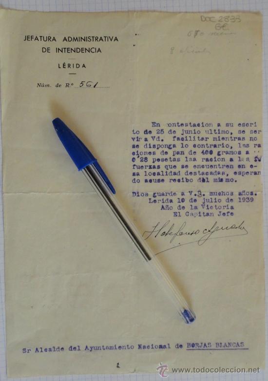 Militaria: Documento tama&ntilde;o cuartilla de la Jefatura Administrativa de Intendencia. L&eacute;rida, a&ntilde;o 1939.