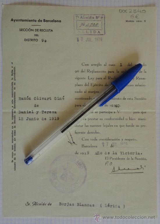 Military Antiques: Documento tama&ntilde;o cuartilla del Ayuntamiento de Barcelona. Secci&oacute;n de Recluta del Distrito 9&ordm;. 1939.