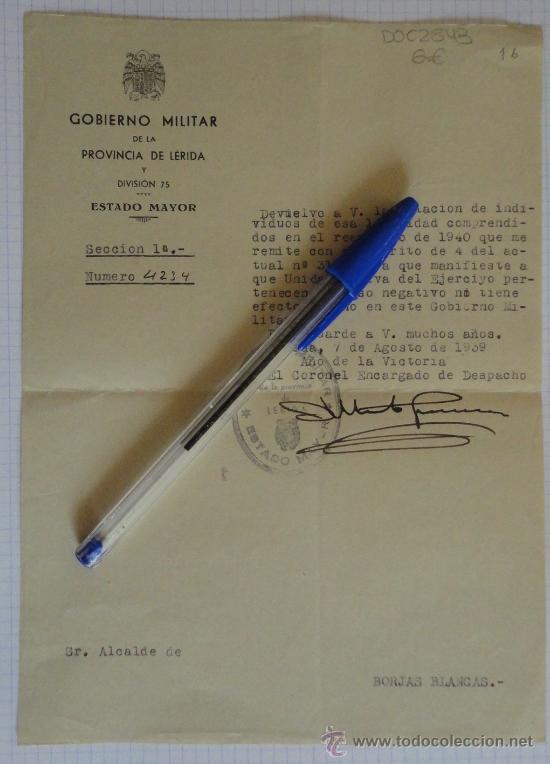 Militaria: Documento tama&ntilde;o cuartilla del Gobierno Militar de la Provincia de L&eacute;rida y Divisi&oacute;n 75.