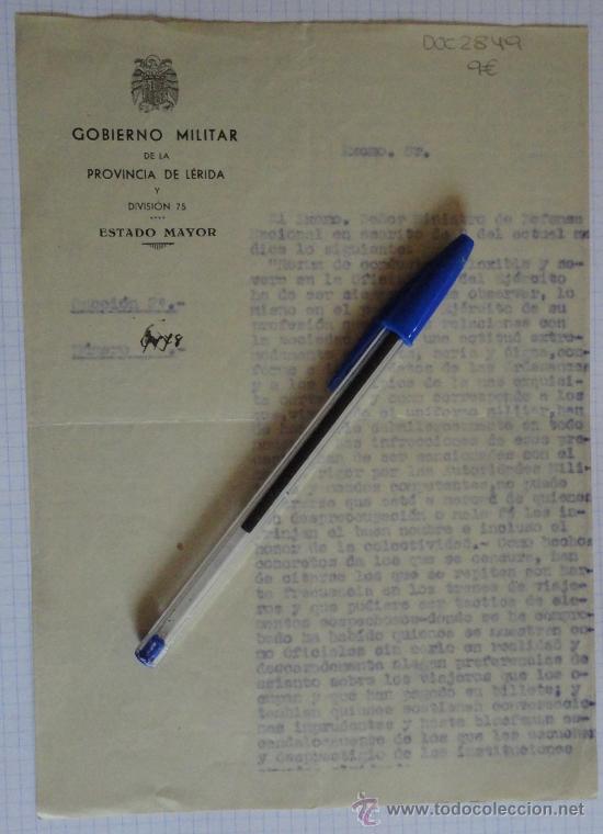 Militaria: Documento tama&ntilde;o cuartilla del Gobierno Militar de la Provincia de L&eacute;rida y Divisi&oacute;n 75.