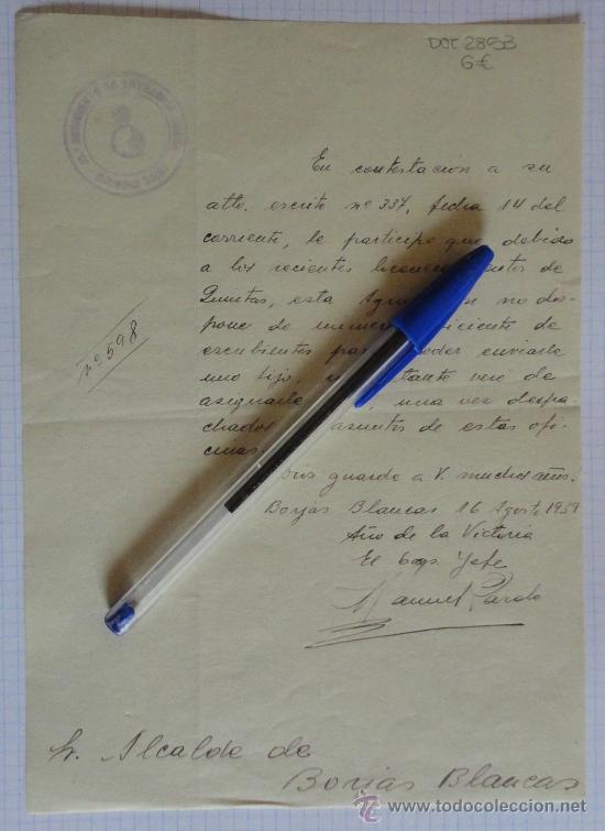 Militaria: Documento tama&ntilde;o cuartilla del 15&ordm; Regimiento de Artiller&iacute;a Ligera Grupo 75/27. Agosto de 1939.