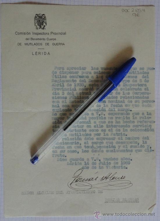 Militaria: Documento tama&ntilde;o cuartilla de la Comisi&oacute;n Inspectora Provincial del Benem&eacute;rito Cuerpo de Mutilados..