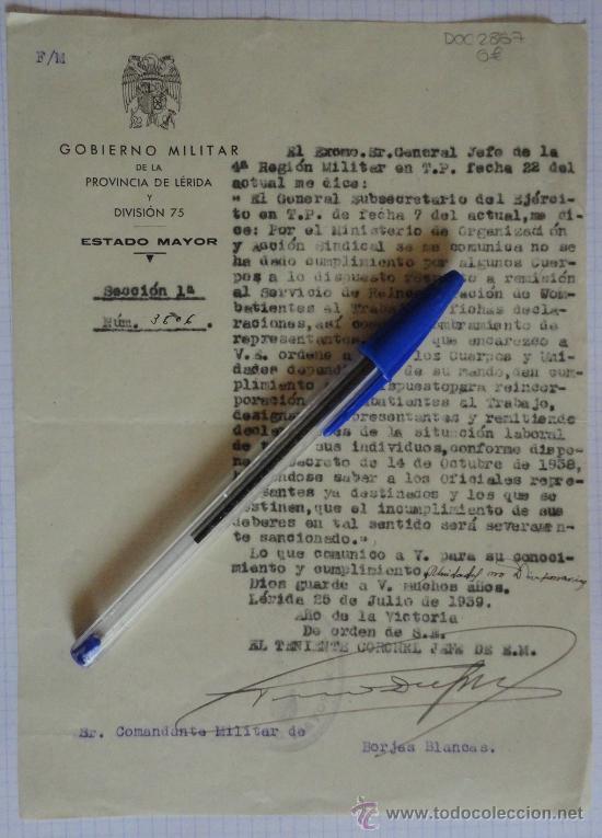 Militaria: Documento tama&ntilde;o cuartilla del Gobierno Militar de la Provincia de L&eacute;rida y Divisi&oacute;n 75.