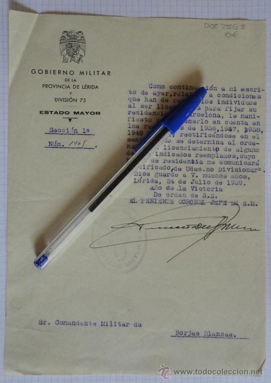 Militaria: Documento tama&ntilde;o cuartilla del Gobierno Militar de la Provincia de L&eacute;rida y Divisi&oacute;n 75.