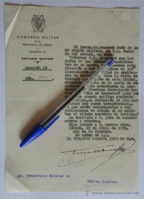 Militaria: Documento tama&ntilde;o cuartilla del Gobierno Militar de la Provincia de L&eacute;rida y Divisi&oacute;n 75.