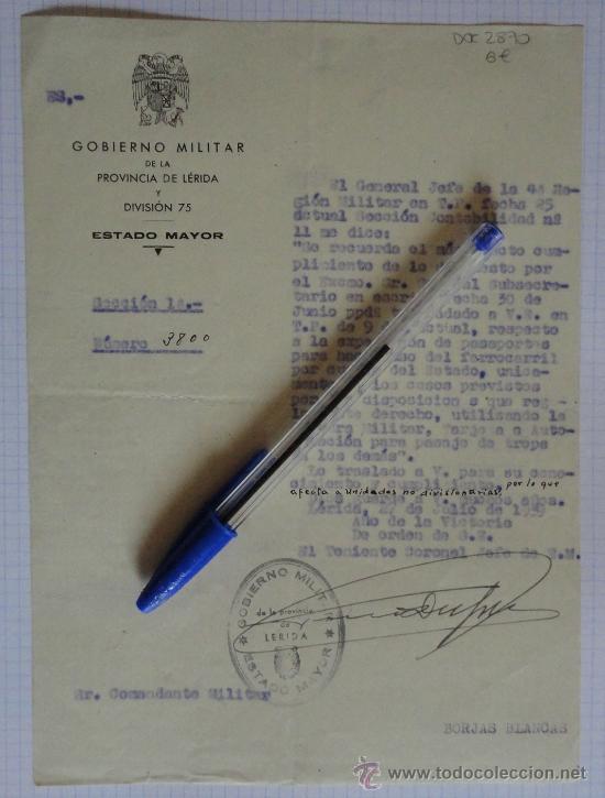 Militaria: Documento tama&ntilde;o cuartilla del Gobierno Militar de la Provincia de L&eacute;rida y Divisi&oacute;n 75.