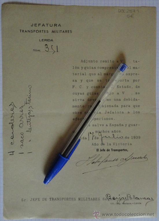 Militaria: Documento tama&ntilde;o cuartilla de la Jefatura de Transportes Militares de L&eacute;rida. Julio de 1939.
