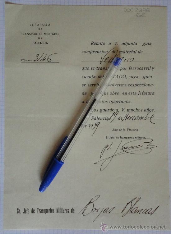 Militaria: Documento tama&ntilde;o cuartilla de la Jefatura de Transportes Militares de Palencia, noviembre de 1939.
