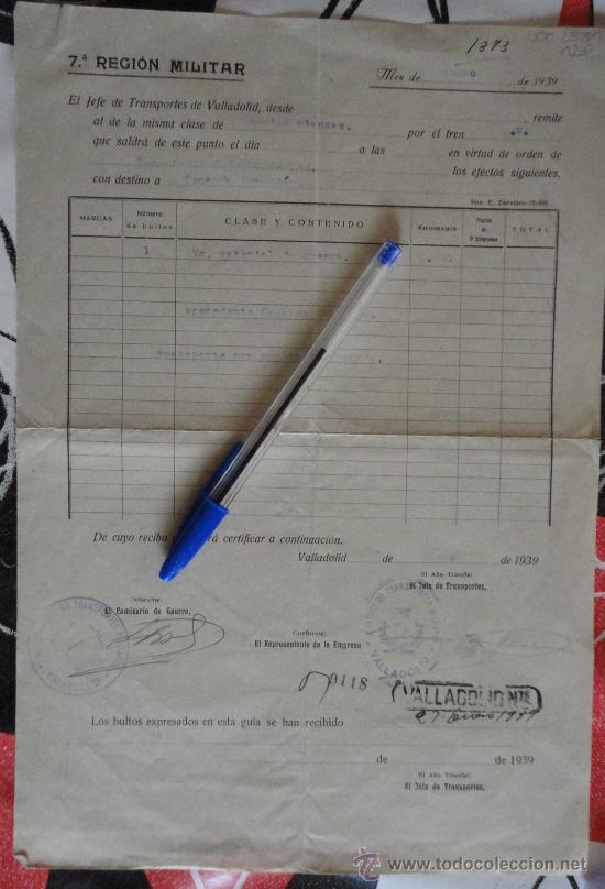 Militaria: Documento de la 7&ordf; Regi&oacute;n Militar. Enero de 1939. Con sello de tinta de...