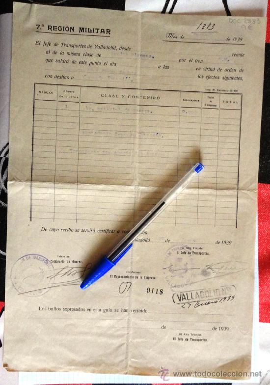 Militaria: Documento de la 7&ordf; Regi&oacute;n Militar. Enero de 1939. Con sello de tinta de...