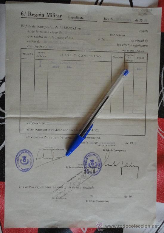 Militaria: Documento de la 6&ordf; Regi&oacute;n Militar con sello de tinta de Intervenci&oacute;n de los Servicios de Guerra.