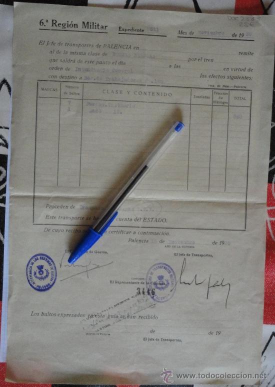 Militaria: Documento de la 6&ordf; Regi&oacute;n Militar con sello de tinta de Intervenci&oacute;n de los Servicios de Guerra.