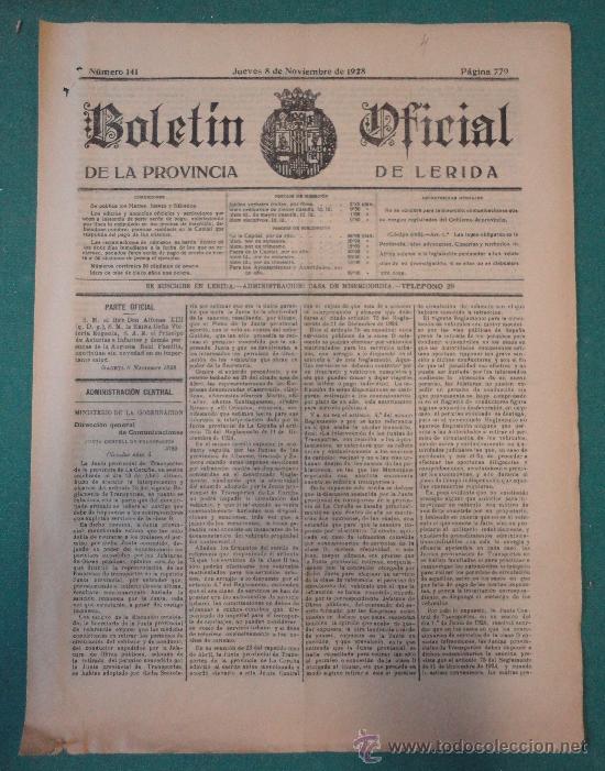 Military Antiques: Bolet&iacute;n Oficial de la Provincia de L&eacute;rida. N&ordm;141. Jueves, 8 de Noviembre de 1928.