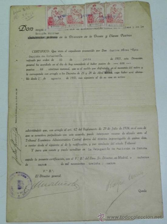 Militaria: ANTIGUO DOCUMENTO DE LA REPUBLICA ESPA&Ntilde;OLA, CERTIFICADO DE MARZO DE 1934, EN EL QUE SE LE CONCEDIA U