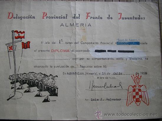 Militaria: DELEGACION PROVINCIAL DEL FRENTE DE JUVENTUDES ALMERIA DIPLOMA CAMPAMENTO JUAN DE AUSTRIA 1958