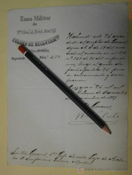 Military Antiques: Documento tama&ntilde;o cuartilla dezona militar de Santa Coloma de Farners, n&ordm;13, 1898